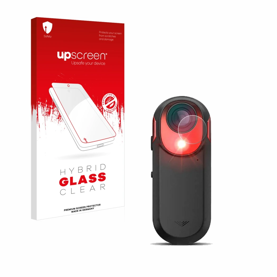 Face avant d’un emballage produit avec le logo de la marque upscreen. À côté, l’appareil Garmin Varia RCT 715 est représenté a