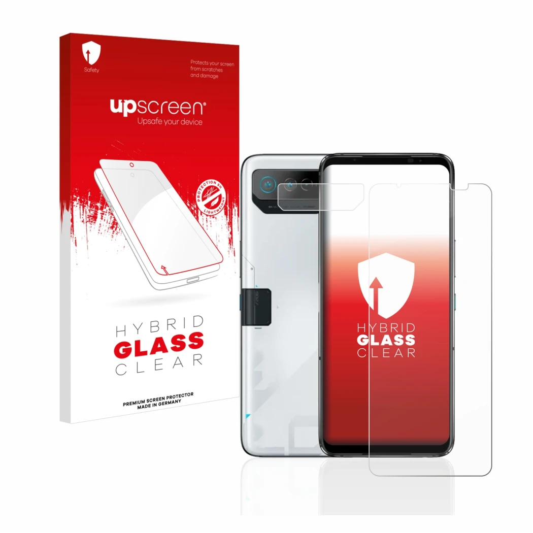 Face avant d’un emballage produit avec le logo de la marque upscreen. À côté, l’appareil ASUS ROG Phone 7 Ultimate (Avant+Camé