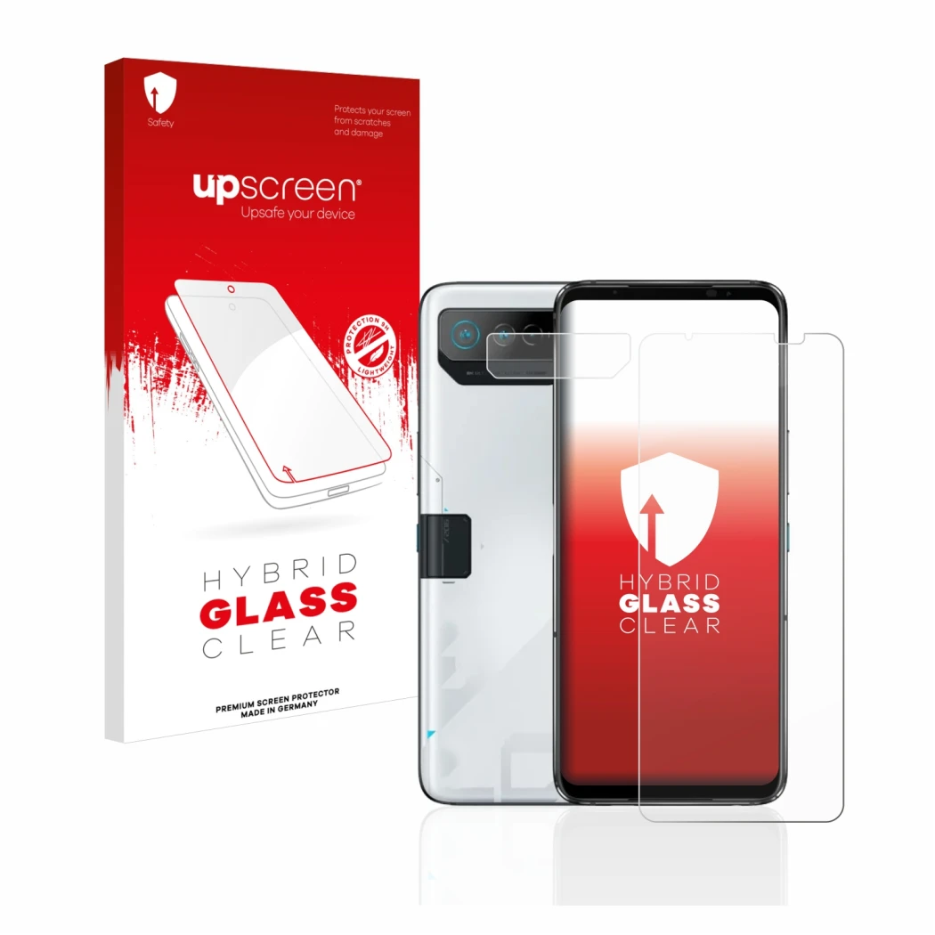 Face avant d’un emballage produit avec le logo de la marque upscreen. À côté, l’appareil ASUS ROG Phone 7 (Avant+Caméra) est r