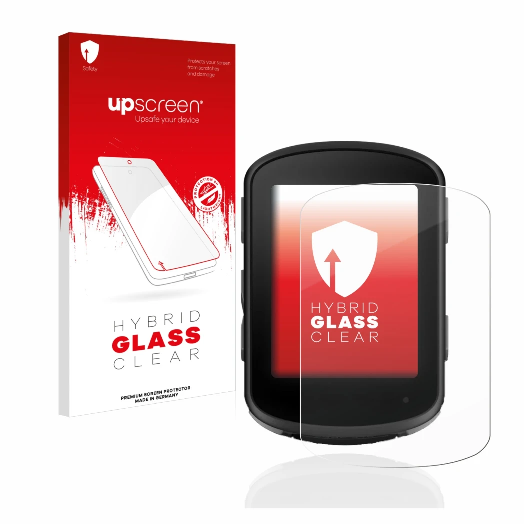 Face avant d’un emballage produit avec le logo de la marque upscreen. À côté, l’appareil Garmin Edge 840 est représenté avec l