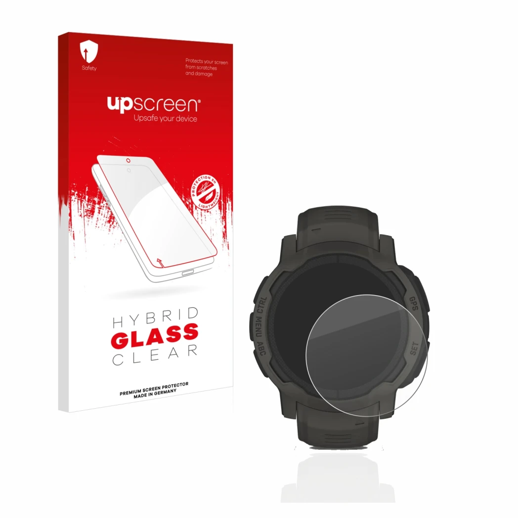 Face avant d’un emballage produit avec le logo de la marque upscreen. À côté, l’appareil Garmin Instinct 2 Solar est représent
