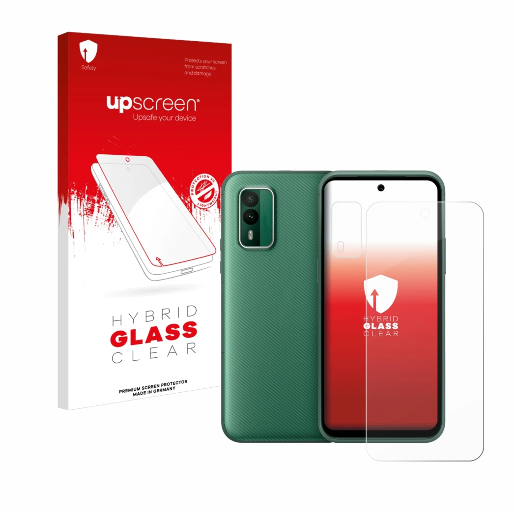 Face avant d’un emballage produit avec le logo de la marque upscreen. À côté, l’appareil Nokia XR21 (Avant+Caméra) est représe