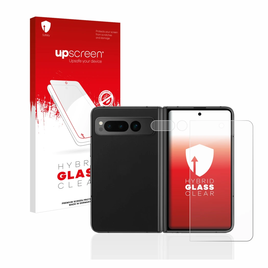 Face avant d’un emballage produit avec le logo de la marque upscreen. À côté, l’appareil Google Pixel Fold (Avant+Caméra) est