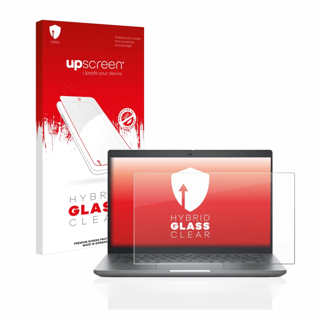 Face avant d’un emballage produit avec le logo de la marque upscreen. À côté, l’appareil Dell Latitude 5440 est représenté ave