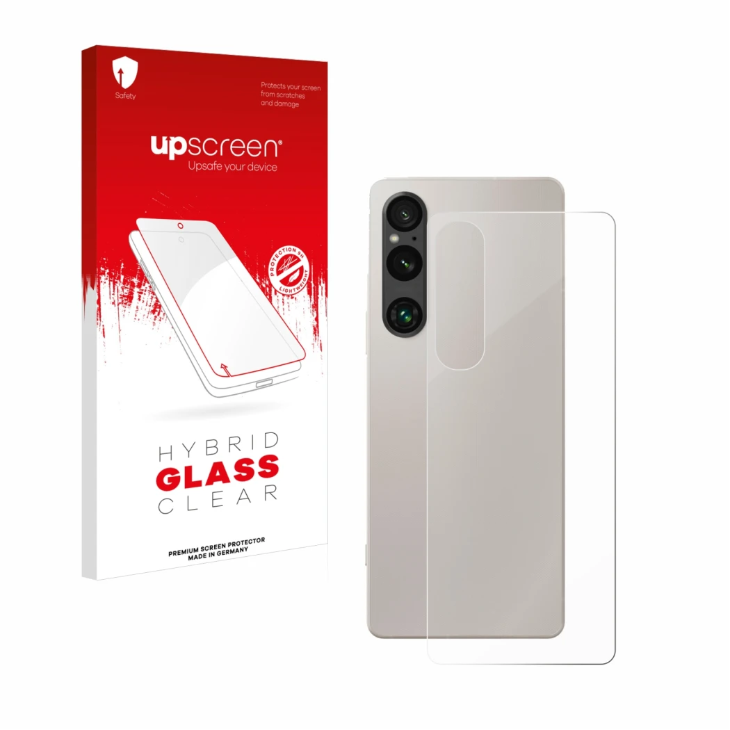 Face avant d’un emballage produit avec le logo de la marque upscreen. À côté, l’appareil Sony Xperia 1 V (Arrière) est représe