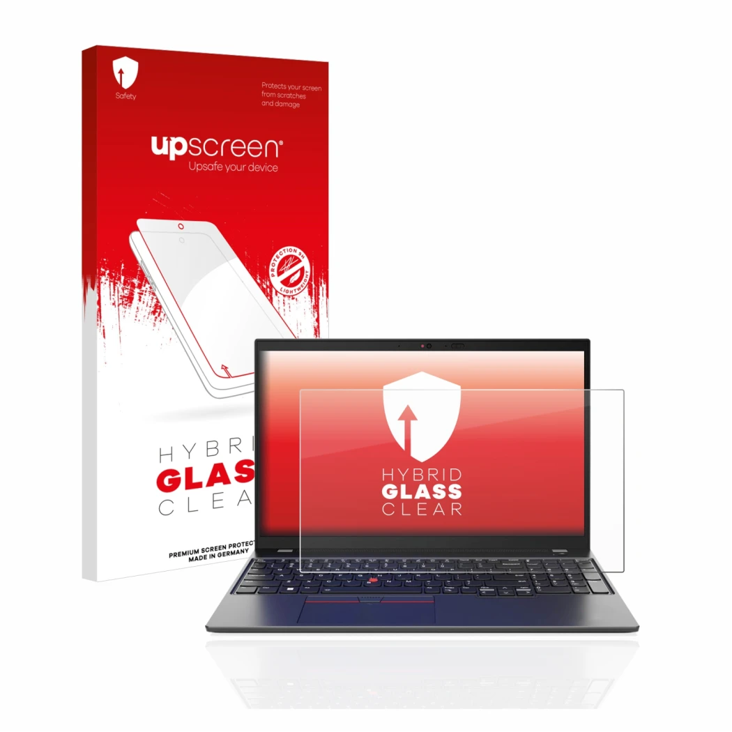 Face avant d’un emballage produit avec le logo de la marque upscreen. À côté, l’appareil Lenovo ThinkPad L15 Gen 4 est représe