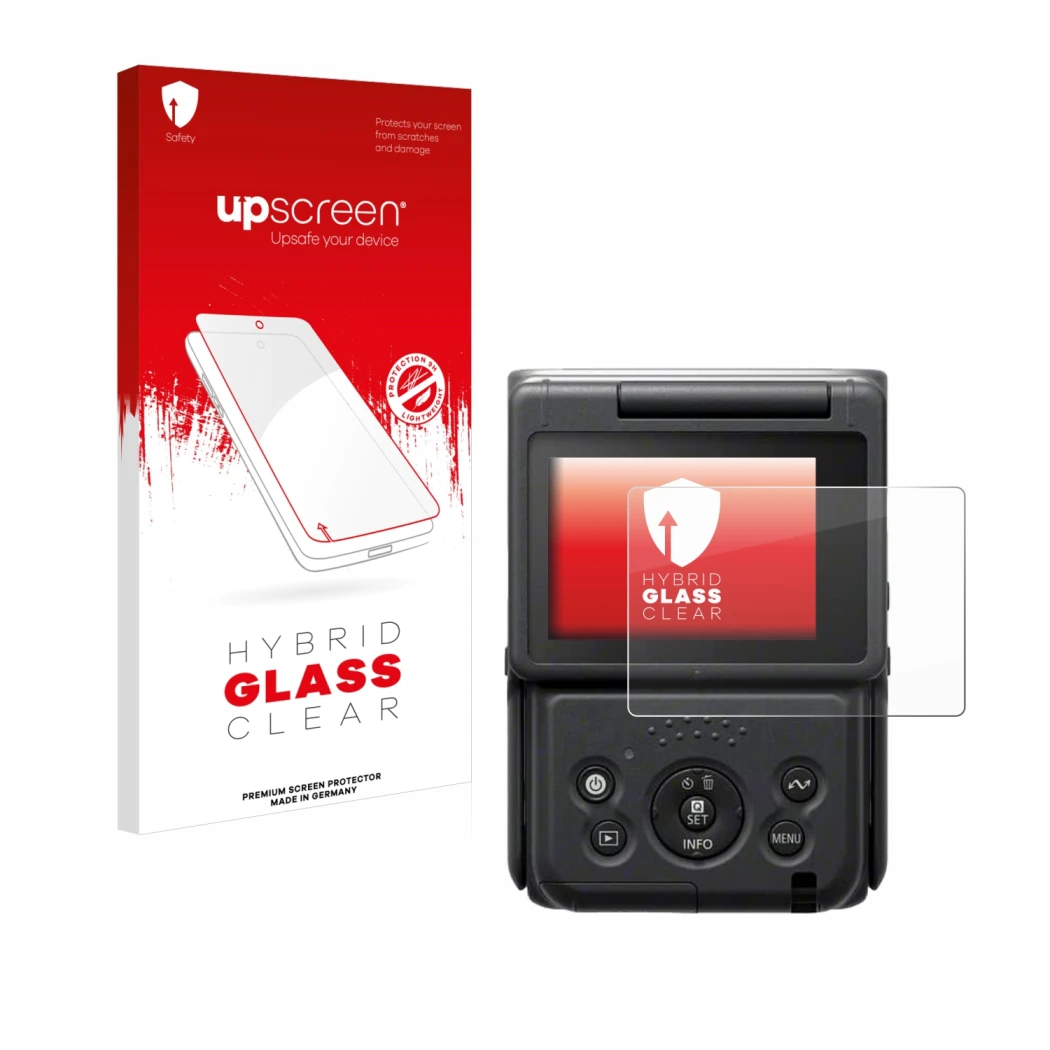 Face avant d’un emballage produit avec le logo de la marque upscreen. À côté, l’appareil Canon PowerShot V10 Vlog Camera est r