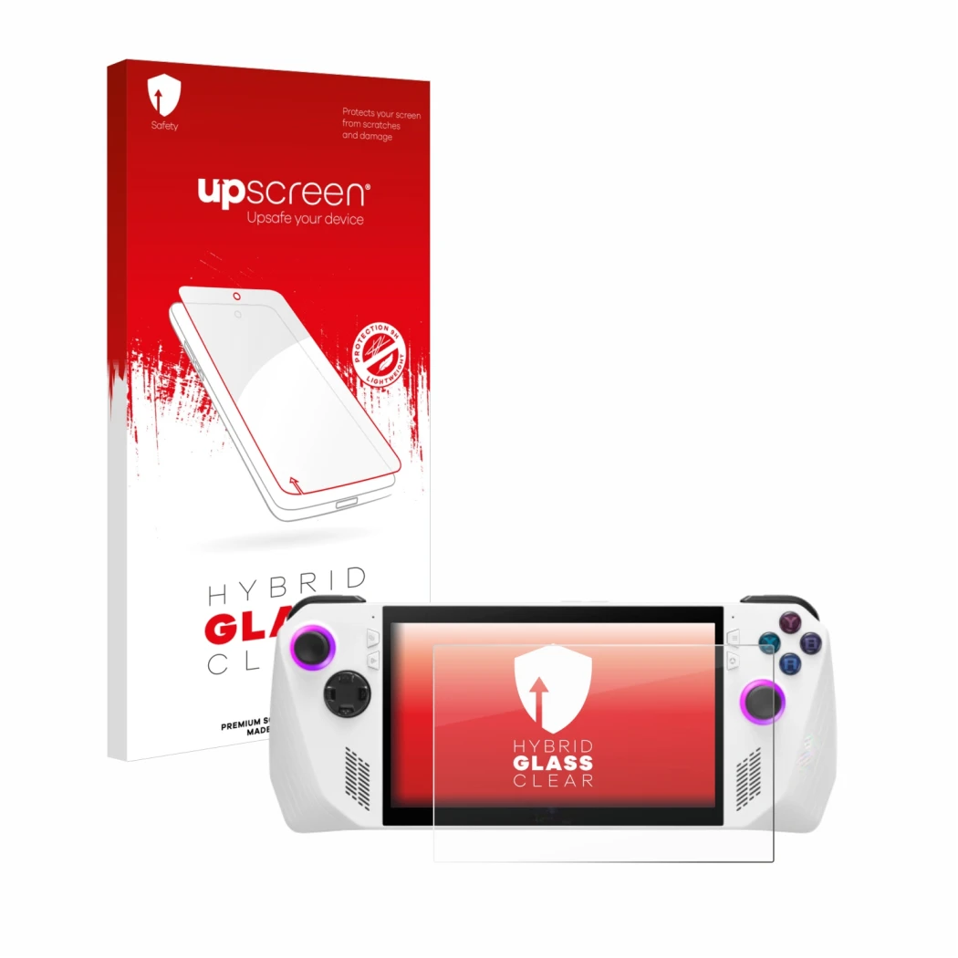 Face avant d’un emballage produit avec le logo de la marque upscreen. À côté, l’appareil ASUS ROG Ally (2023) RC71L est représ