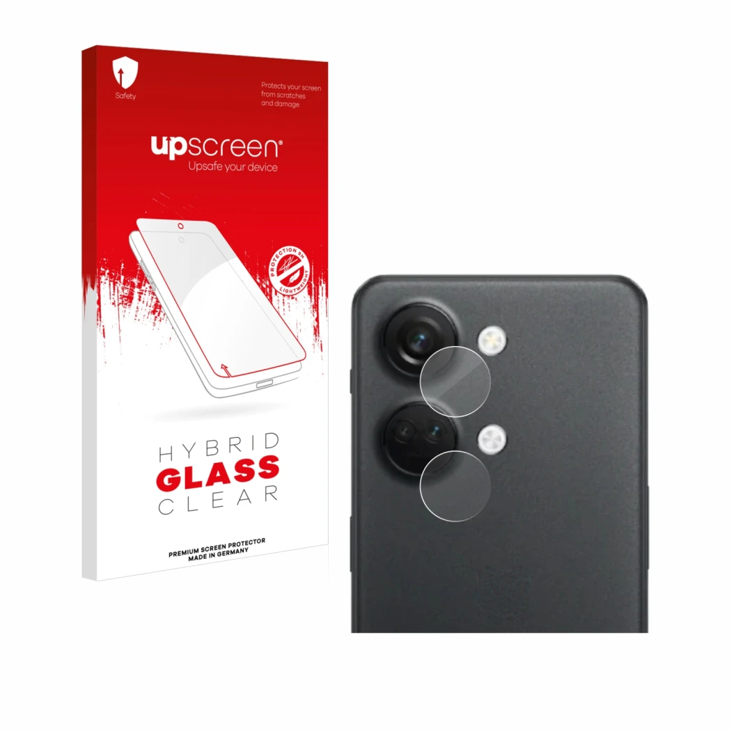 Face avant d’un emballage produit avec le logo de la marque upscreen. À côté, l’appareil OnePlus Nord 3 5G (Caméra UNIQUEMENT)