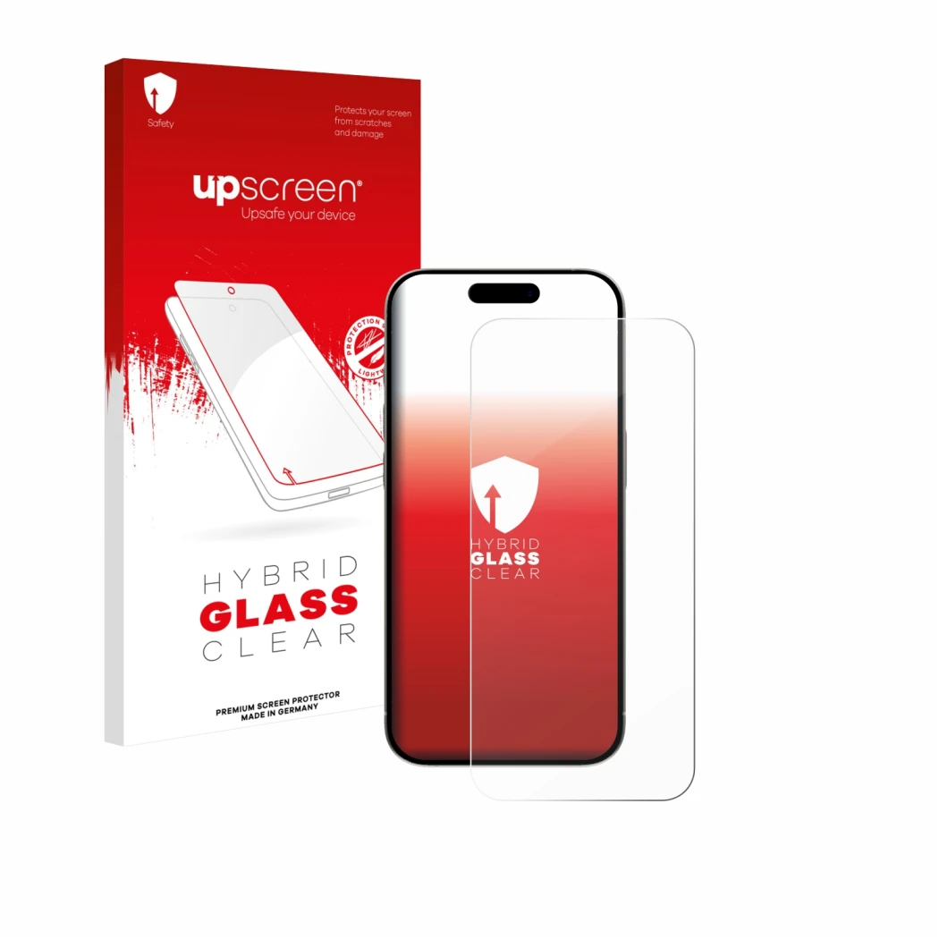 Face avant d’un emballage produit avec le logo de la marque upscreen. À côté, l’appareil Apple iPhone 15 est représenté avec l
