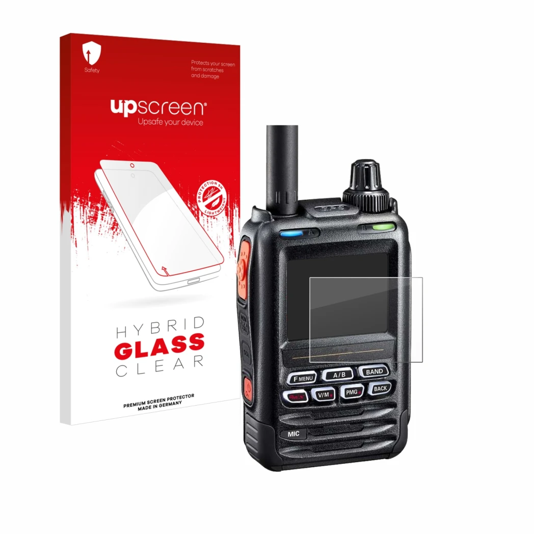 Face avant d’un emballage produit avec le logo de la marque upscreen. À côté, l’appareil Yaesu FT-5DE/DR est représenté avec l