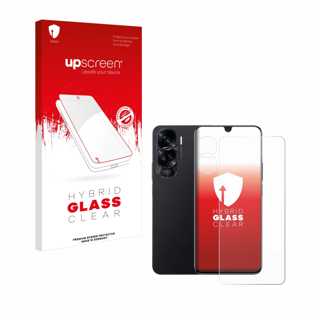 Face avant d’un emballage produit avec le logo de la marque upscreen. À côté, l’appareil Honor 90 Lite (Avant+Caméra) est repr