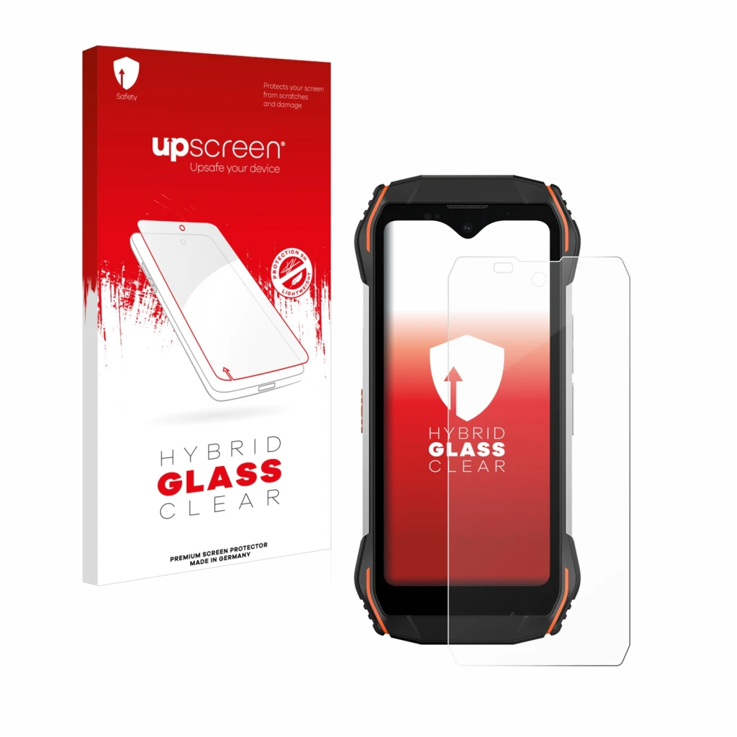 Face avant d’un emballage produit avec le logo de la marque upscreen. À côté, l’appareil Blackview N6000 est représenté avec l