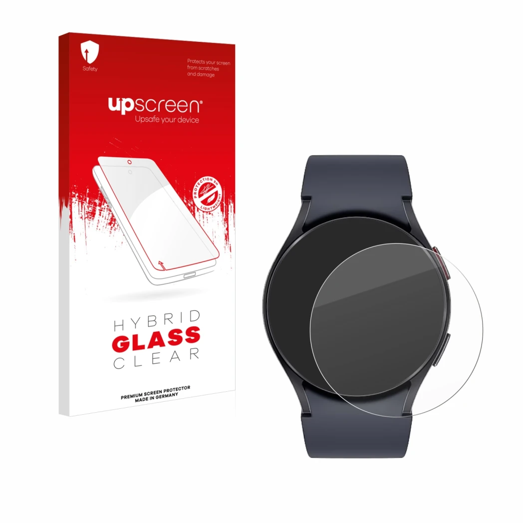 Face avant d’un emballage produit avec le logo de la marque upscreen. À côté, l’appareil Samsung Galaxy Watch 6 (44 mm) est re
