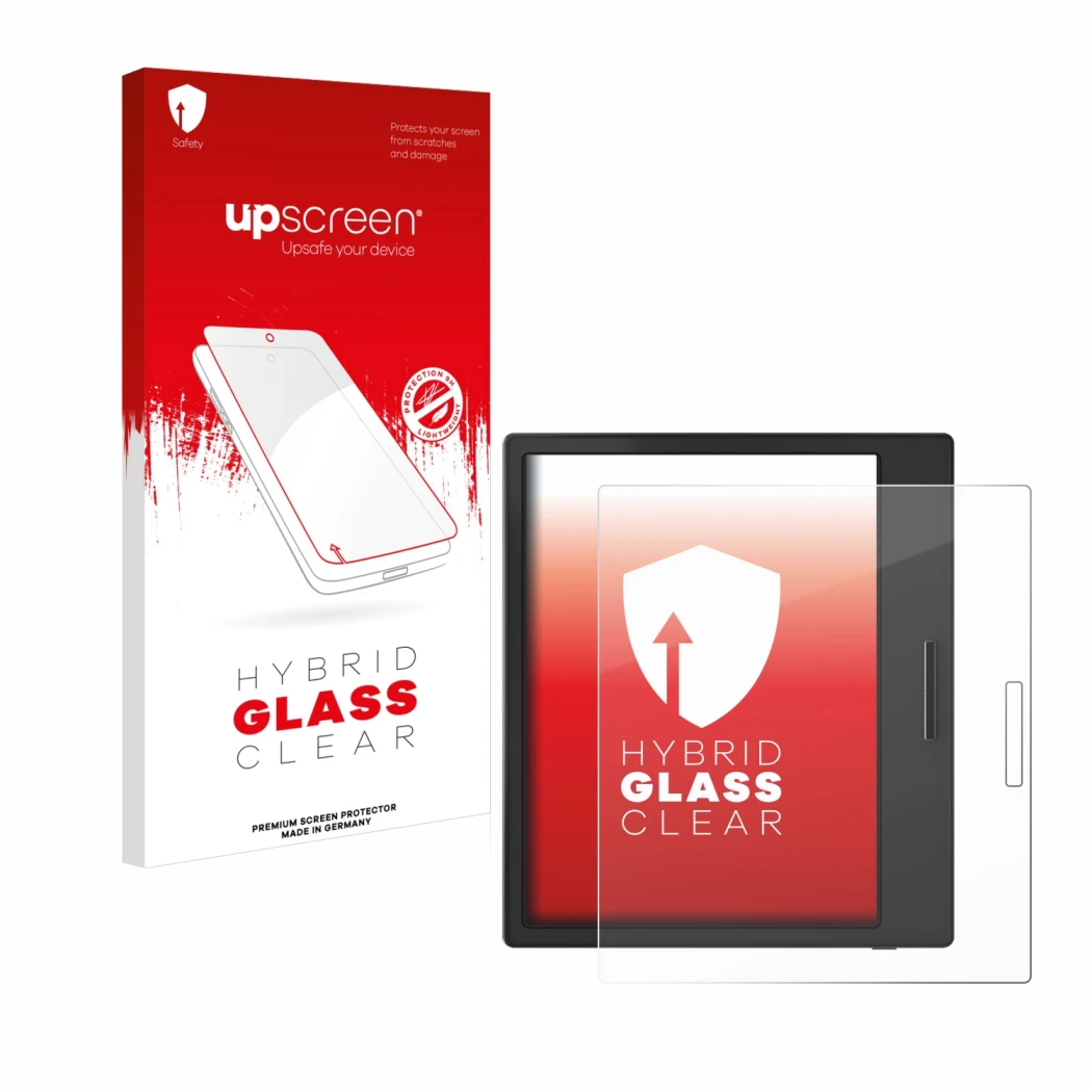 Face avant d’un emballage produit avec le logo de la marque upscreen. À côté, l’appareil Boox Page est représenté avec la prot