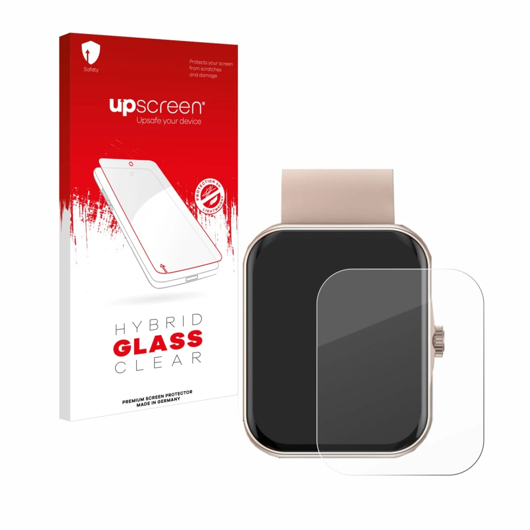 Face avant d’un emballage produit avec le logo de la marque upscreen. À côté, l’appareil Mutoy Smartwatch 1.83