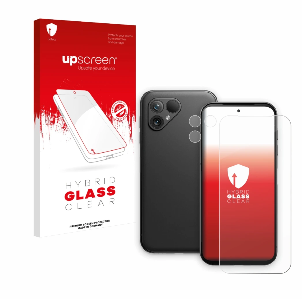 Face avant d’un emballage produit avec le logo de la marque upscreen. À côté, l’appareil Fairphone 5 (Avant+Caméra) est représ