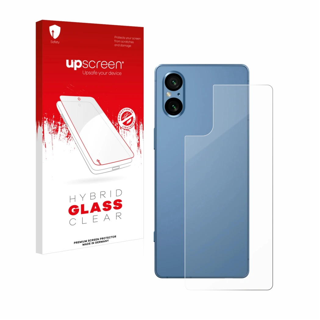 Face avant d’un emballage produit avec le logo de la marque upscreen. À côté, l’appareil Sony Xperia 5 V (Arrière) est représe