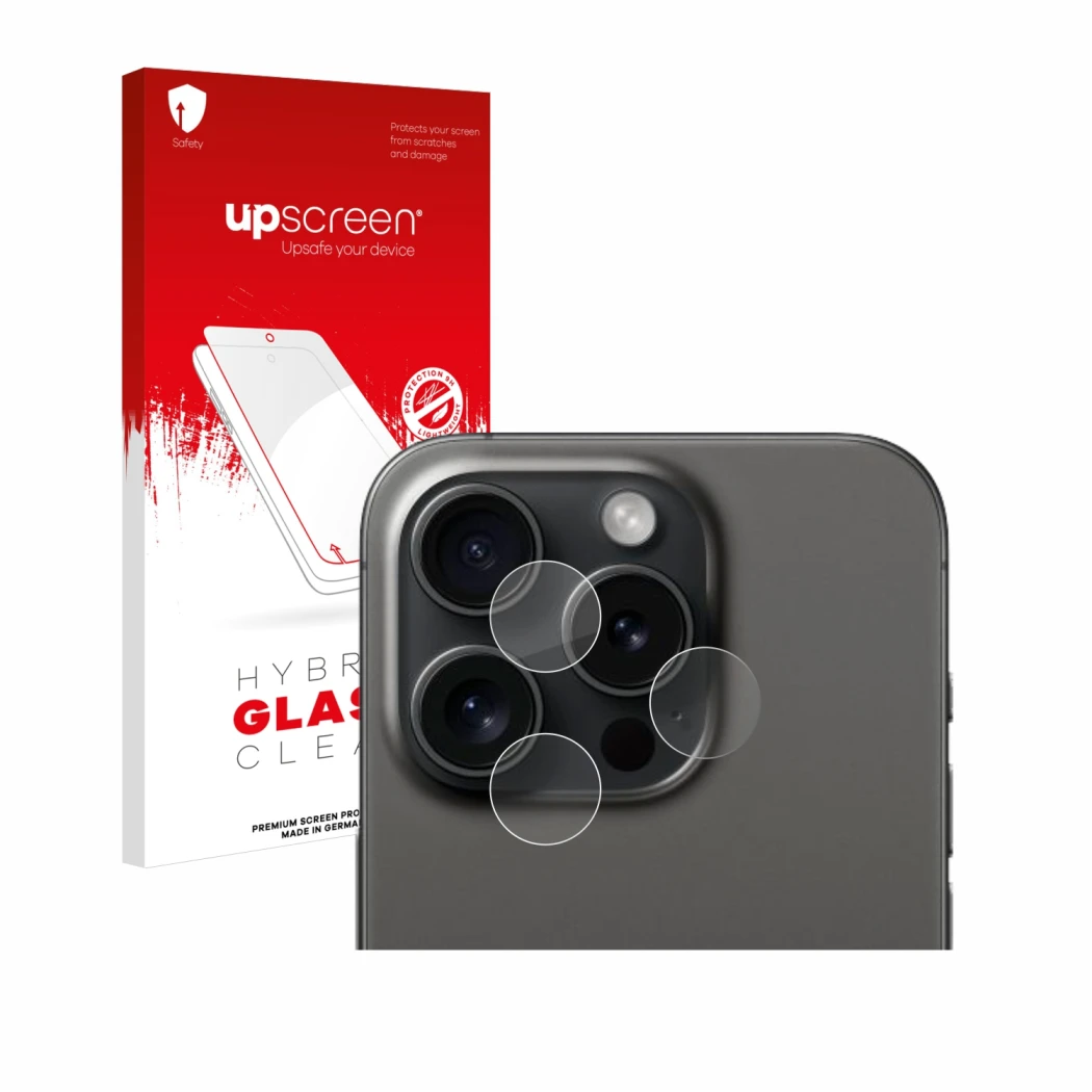 Face avant d’un emballage produit avec le logo de la marque upscreen. À côté, l’appareil Apple iPhone 15 Pro (Caméra UNIQUEMEN