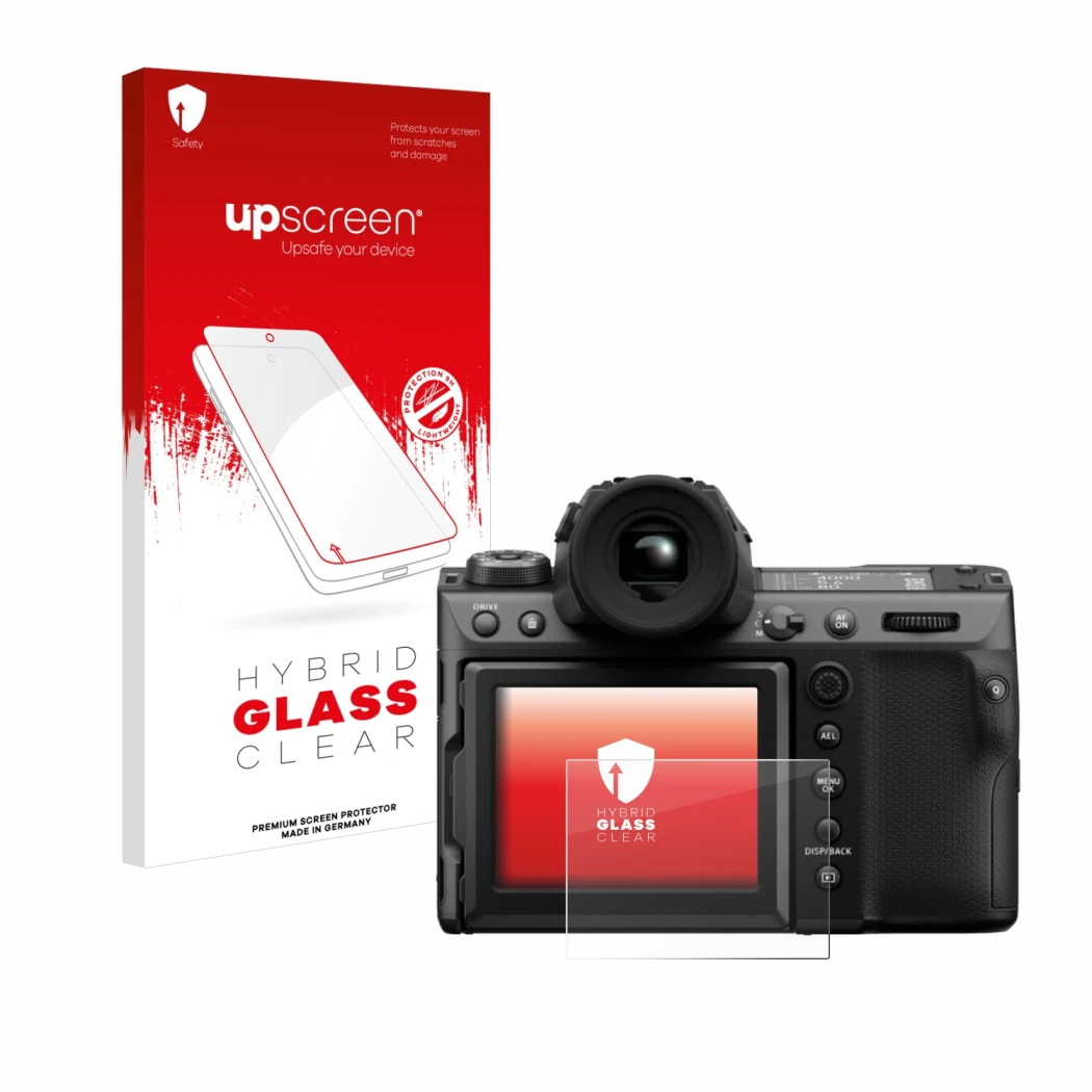 Face avant d’un emballage produit avec le logo de la marque upscreen. À côté, l’appareil Fujifilm GFX100 II est représenté ave