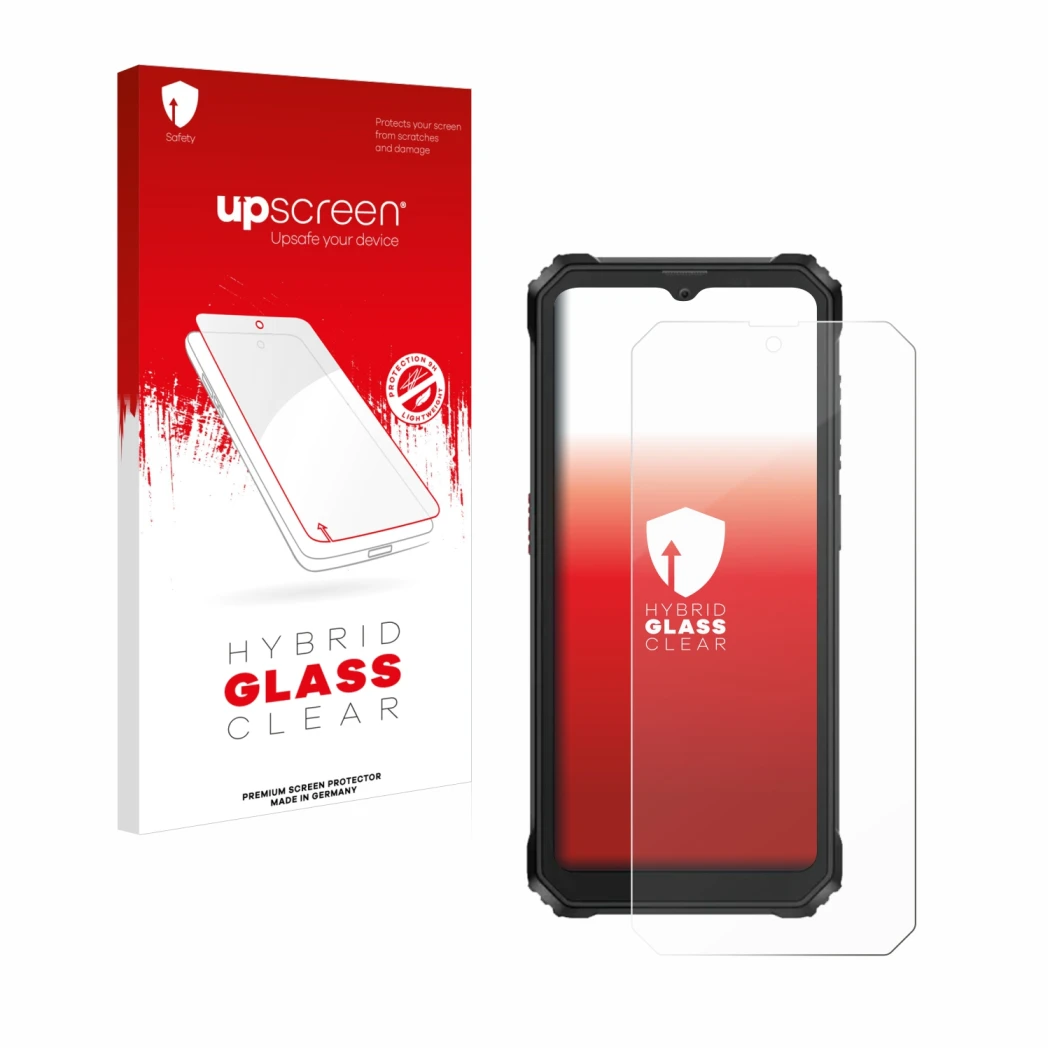 Face avant d’un emballage produit avec le logo de la marque upscreen. À côté, l’appareil Blackview BV6200 est représenté avec 