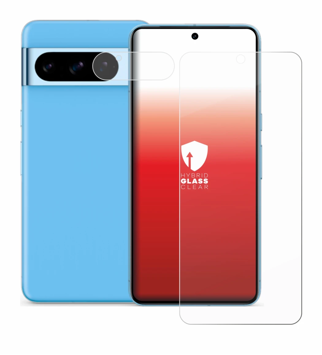 Image de l'appareil Google Pixel 8 Pro (Avant+Caméra) avec une grande variété de protections d'écran.