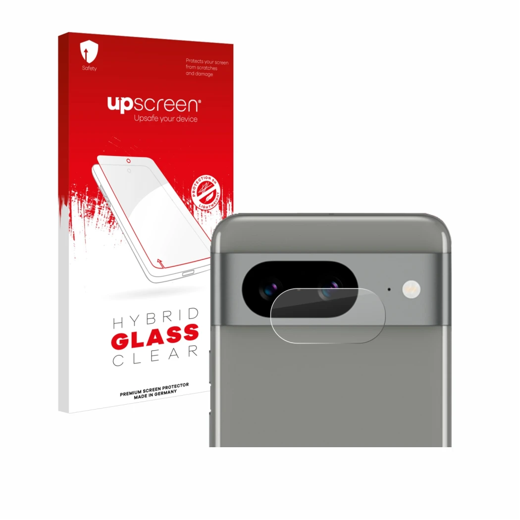 Face avant d’un emballage produit avec le logo de la marque upscreen. À côté, l’appareil Google Pixel 8 (Caméra UNIQUEMENT) es