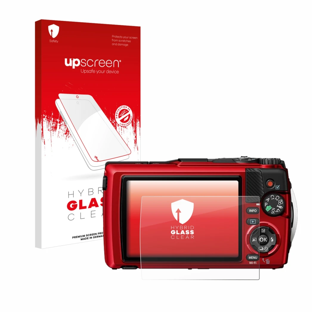 Face avant d’un emballage produit avec le logo de la marque upscreen. À côté, l’appareil Olympus OM System Tough TG-7 est repr