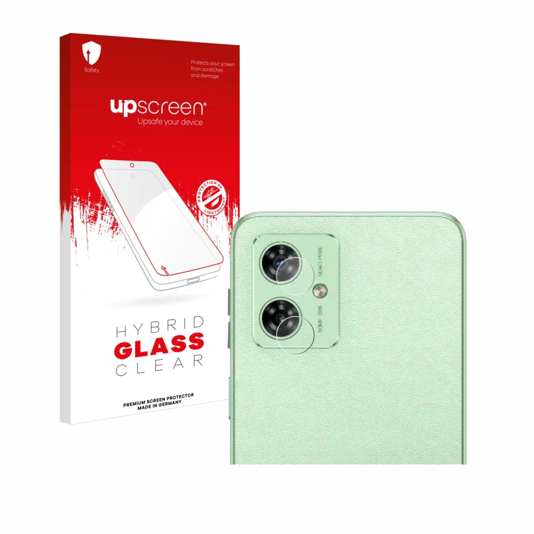 Face avant d’un emballage produit avec le logo de la marque upscreen. À côté, l’appareil Motorola Moto G54 (Caméra UNIQUEMENT)