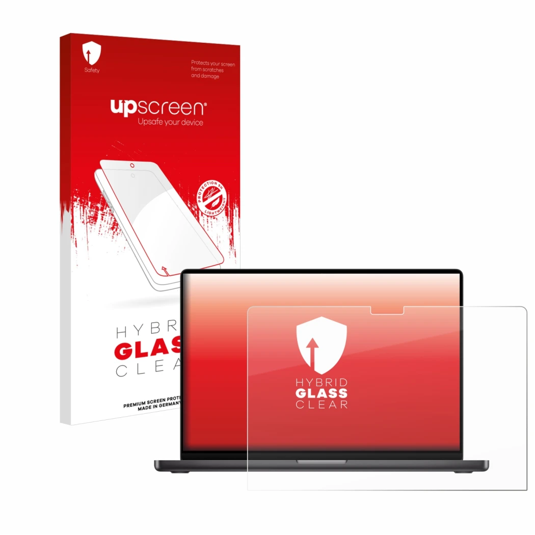 Face avant d’un emballage produit avec le logo de la marque upscreen. À côté, l’appareil Apple MacBook Pro 14