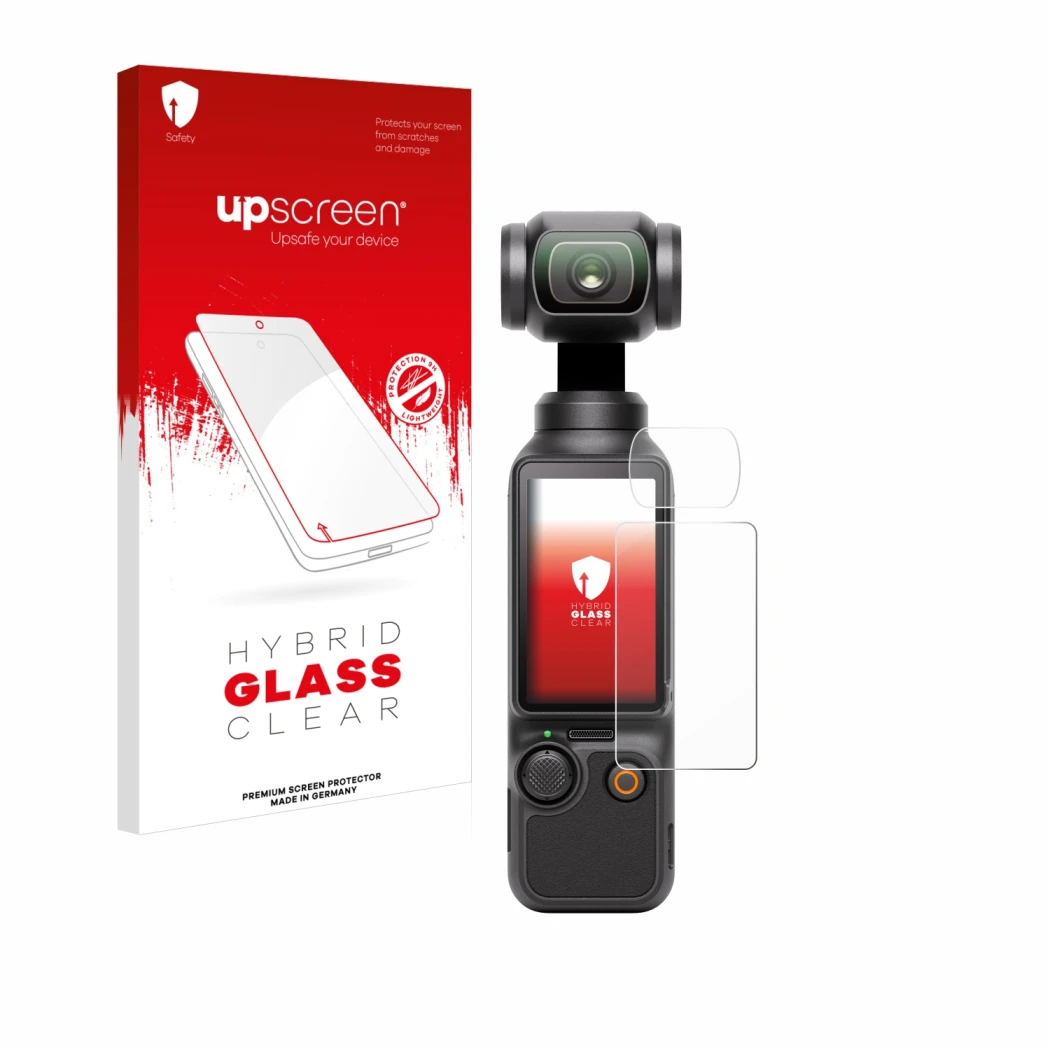 Face avant d’un emballage produit avec le logo de la marque upscreen. À côté, l’appareil DJI Osmo Pocket 3 (Affichage + Lentil
