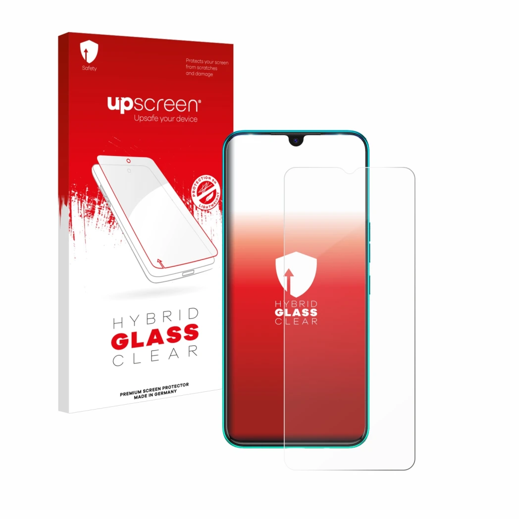 Face avant d’un emballage produit avec le logo de la marque upscreen. À côté, l’appareil Tecno Spark 7 est représenté avec la 