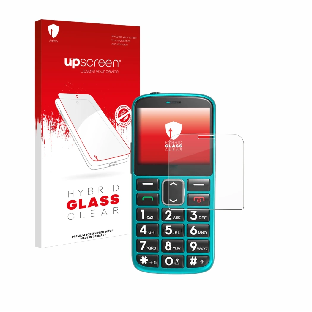 Face avant d’un emballage produit avec le logo de la marque upscreen. À côté, l’appareil Uleway Seniorenhandy est représenté a
