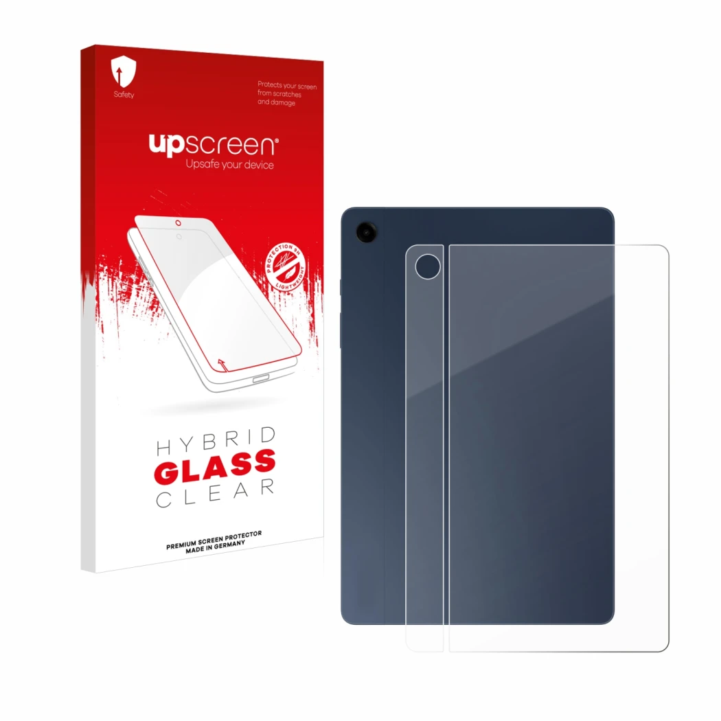 Face avant d’un emballage produit avec le logo de la marque upscreen. À côté, l’appareil Samsung Galaxy Tab A9 Plus WiFi (Arri