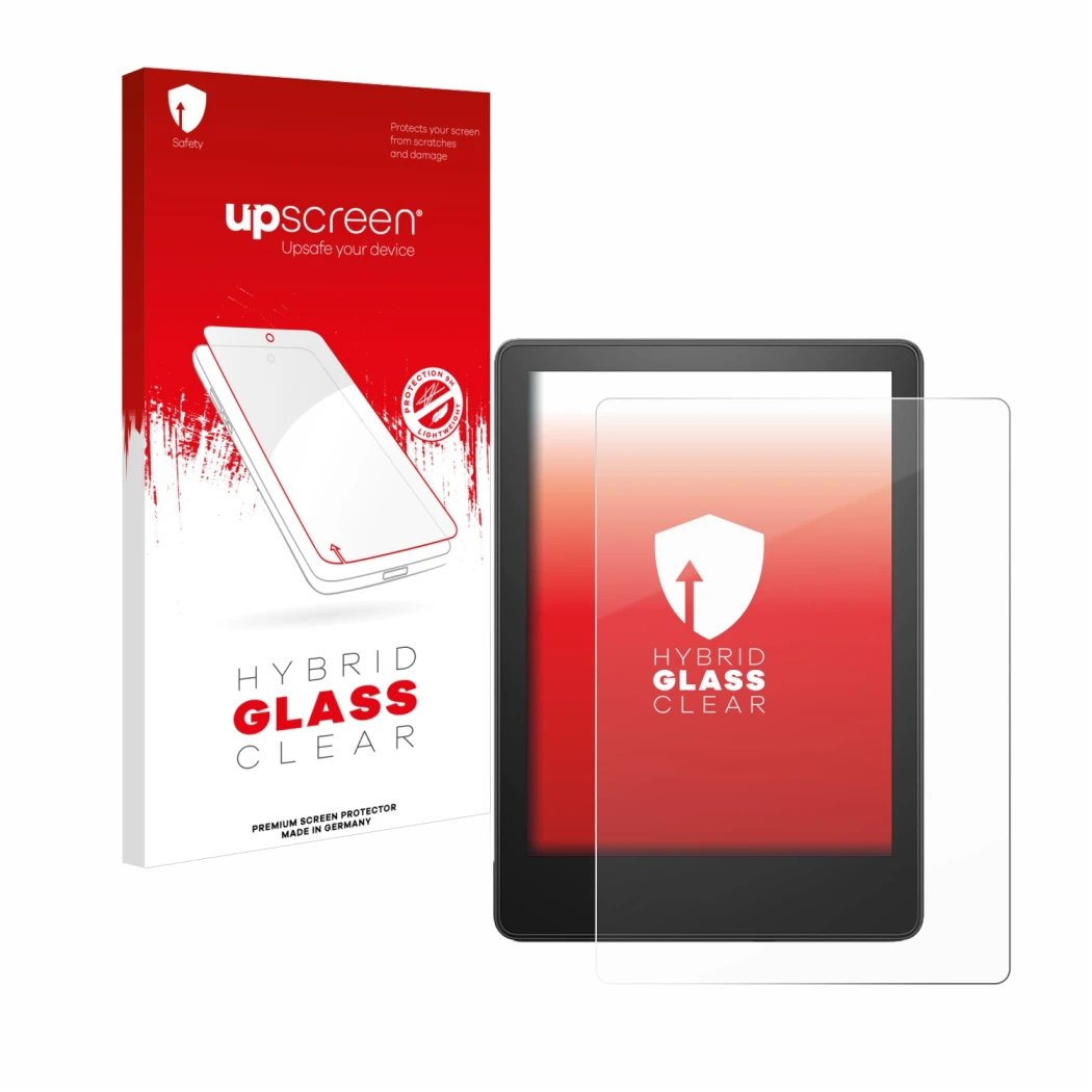 Face avant d’un emballage produit avec le logo de la marque upscreen. À côté, l’appareil Amazon Kindle Paperwhite 2023 (11ème 