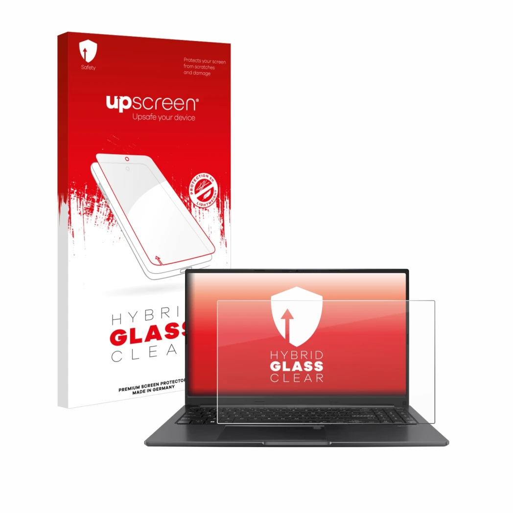 Face avant d’un emballage produit avec le logo de la marque upscreen. À côté, l’appareil ASUS Vivobook 15 OLED est représenté 