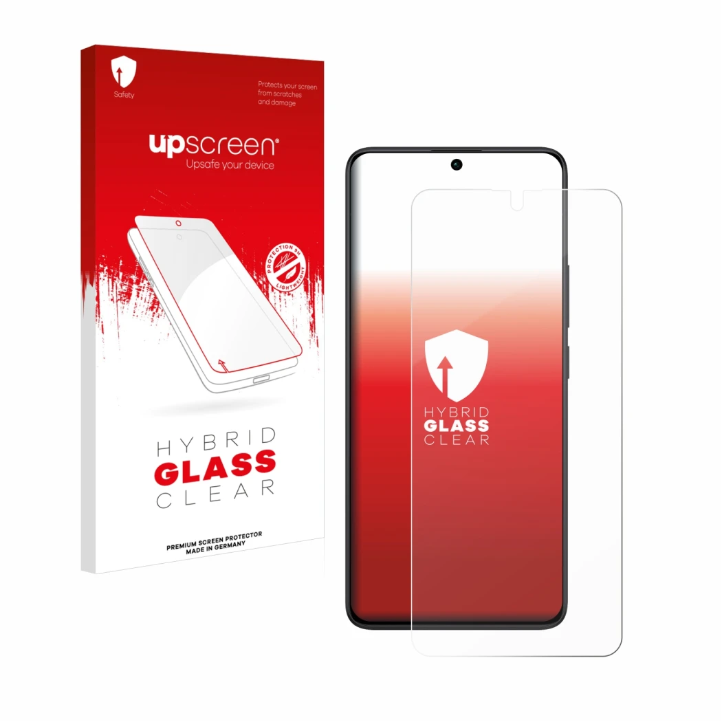 Face avant d’un emballage produit avec le logo de la marque upscreen. À côté, l’appareil Xiaomi Redmi Note 13 Pro 5G est repré