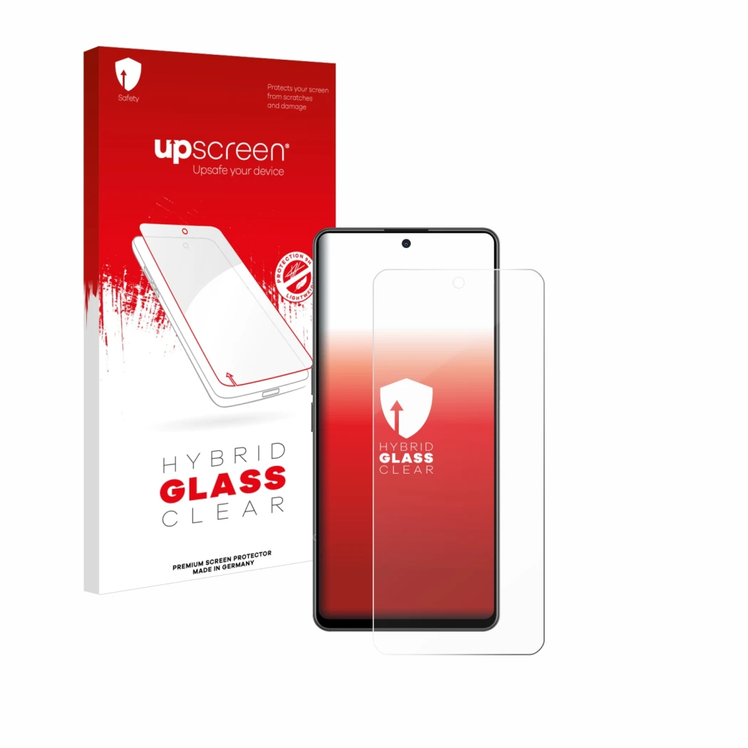 Face avant d’un emballage produit avec le logo de la marque upscreen. À côté, l’appareil OnePlus Nord CE 3 Lite est représenté