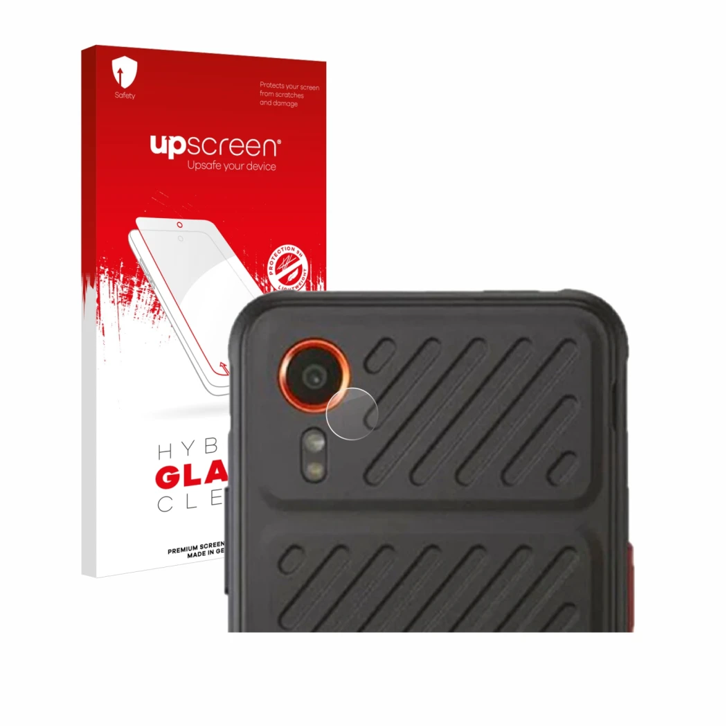 Face avant d’un emballage produit avec le logo de la marque upscreen. À côté, l’appareil Samsung Galaxy XCover 7 (Caméra UNIQU