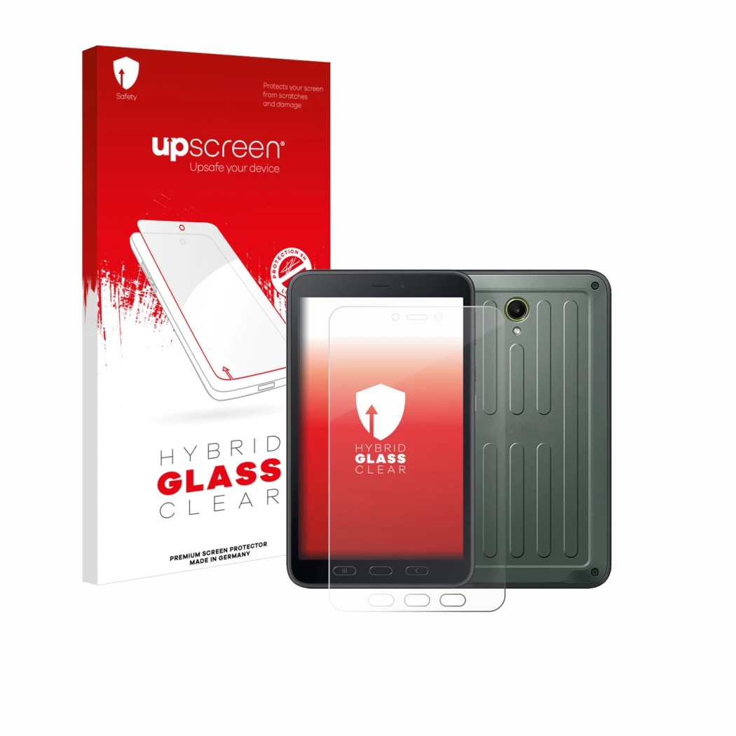 Face avant d’un emballage produit avec le logo de la marque upscreen. À côté, l’appareil Samsung Galaxy Tab Active 5 (portrait