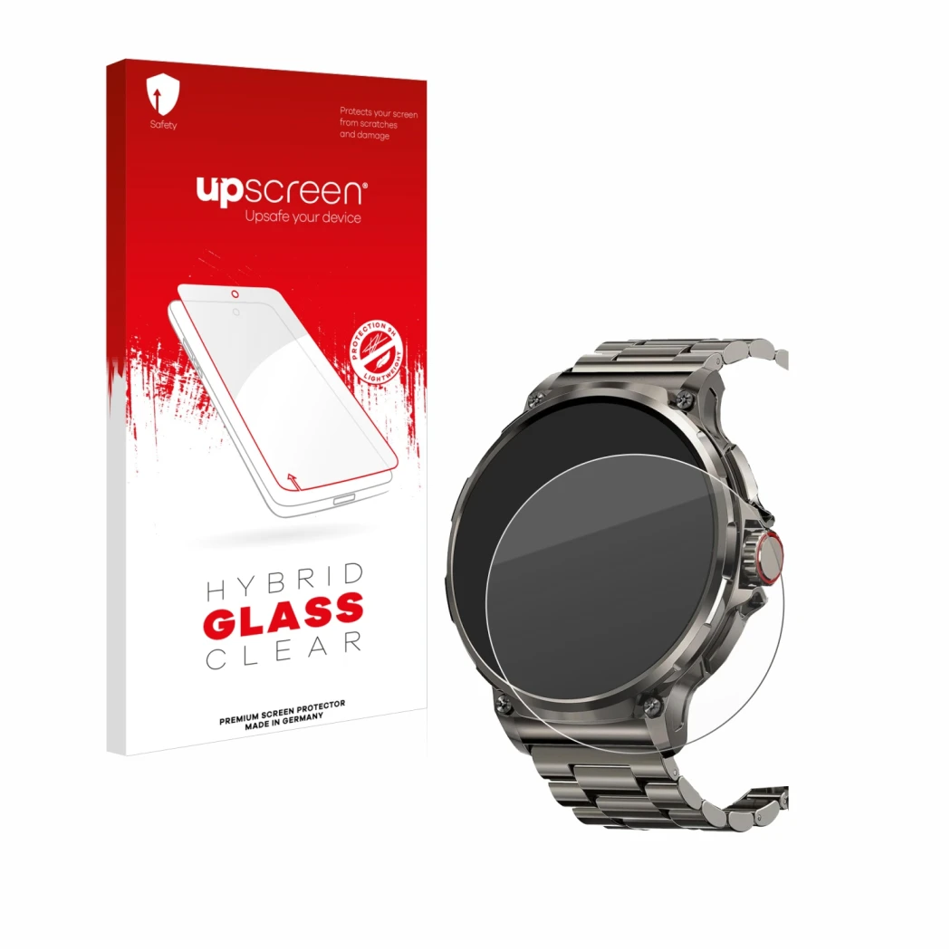 Face avant d’un emballage produit avec le logo de la marque upscreen. À côté, l’appareil Tesofit Smartwatch 1.85