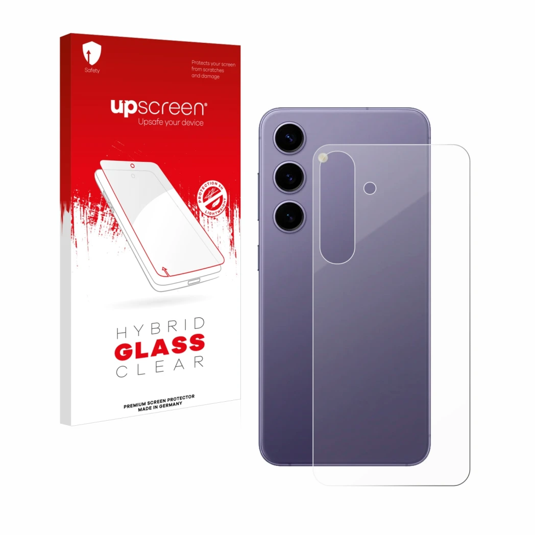 Face avant d’un emballage produit avec le logo de la marque upscreen. À côté, l’appareil Samsung Galaxy S24 (Arrière) est repr