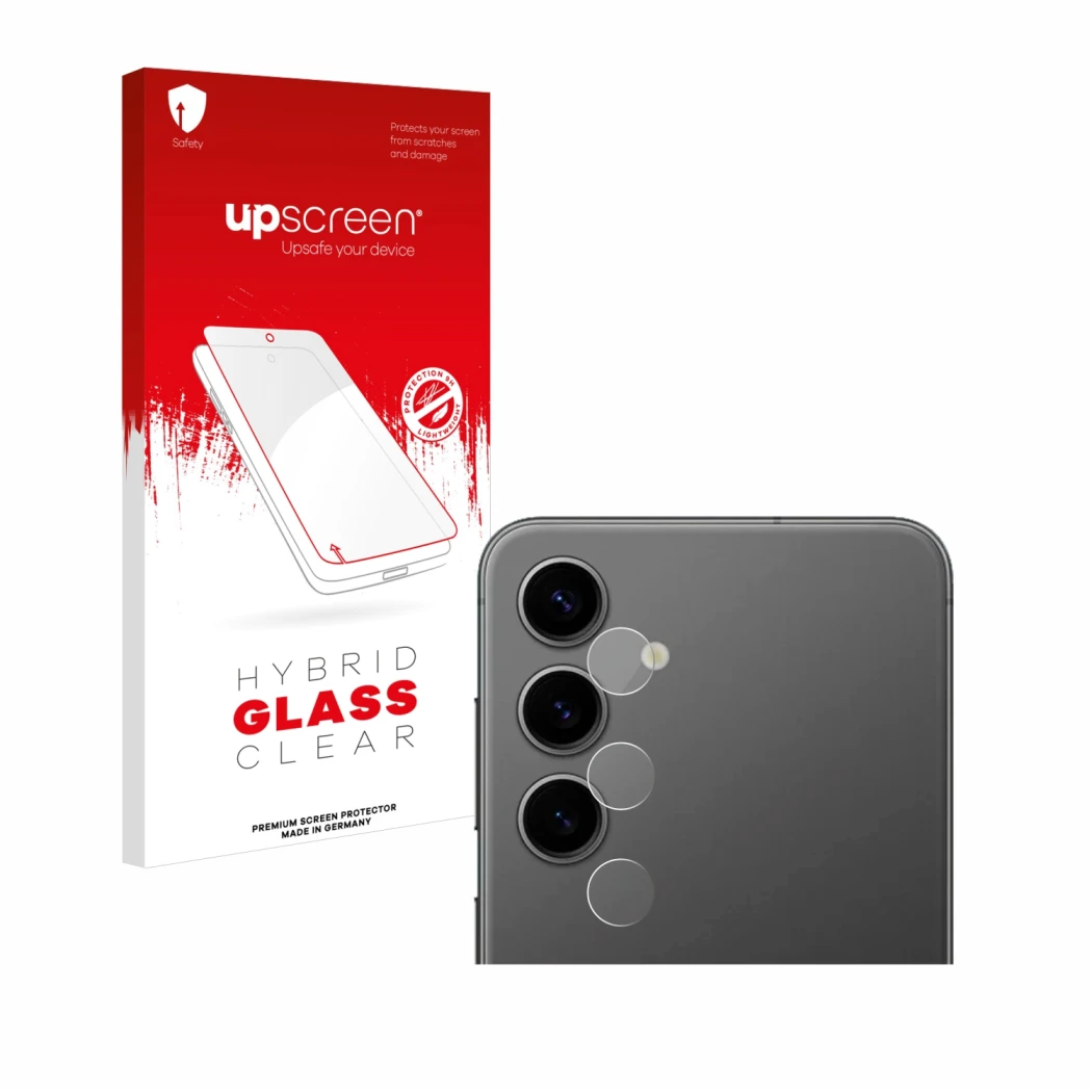 Face avant d’un emballage produit avec le logo de la marque upscreen. À côté, l’appareil Samsung Galaxy S24 Plus (Caméra UNIQU