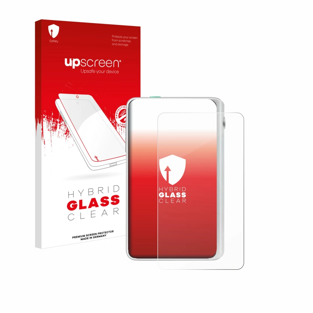 Face avant d’un emballage produit avec le logo de la marque upscreen. À côté, l’appareil Timekettle Fluentalk T1 Mini est repr