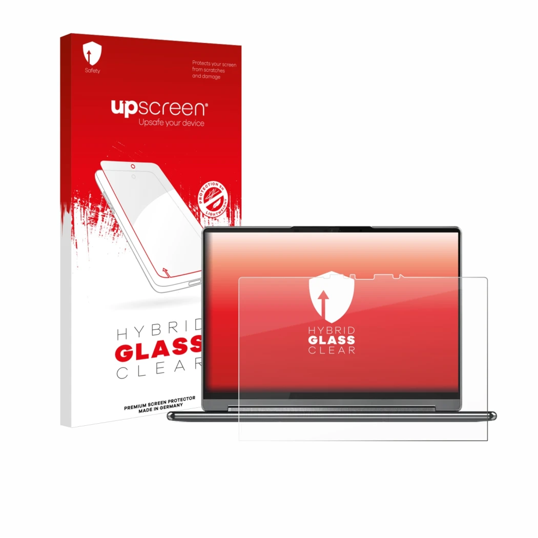 Face avant d’un emballage produit avec le logo de la marque upscreen. À côté, l’appareil Lenovo Yoga 9i Gen 9 2-in-1 14