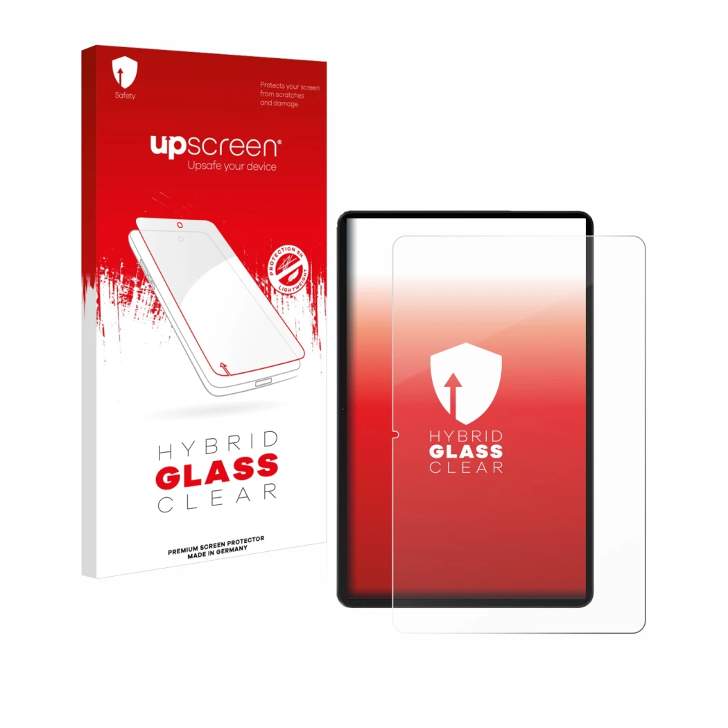 Face avant d’un emballage produit avec le logo de la marque upscreen. À côté, l’appareil Honor Pad 9 est représenté avec la pr