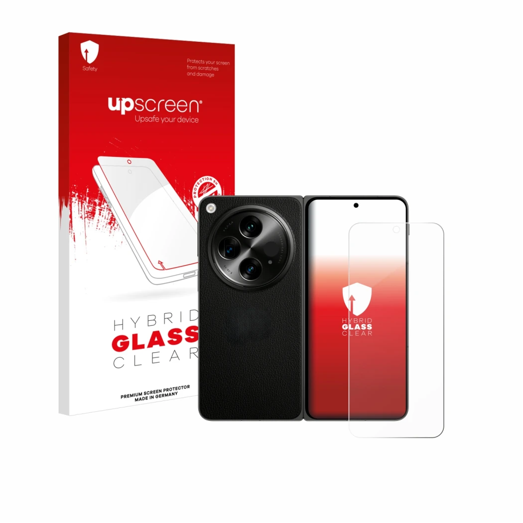 Face avant d’un emballage produit avec le logo de la marque upscreen. À côté, l’appareil OnePlus Open (case-friendly) est repr