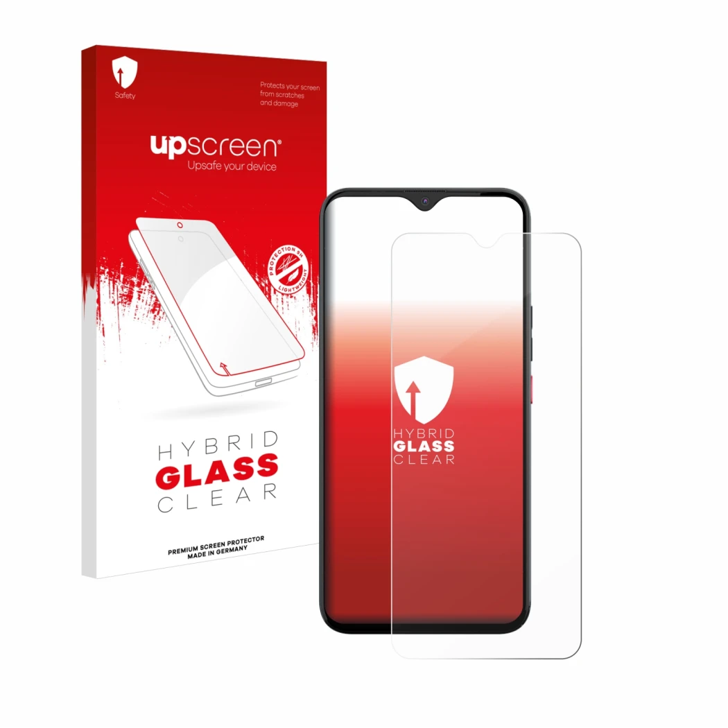 Face avant d’un emballage produit avec le logo de la marque upscreen. À côté, l’appareil Gigaset GS5 PRO SE est représenté ave
