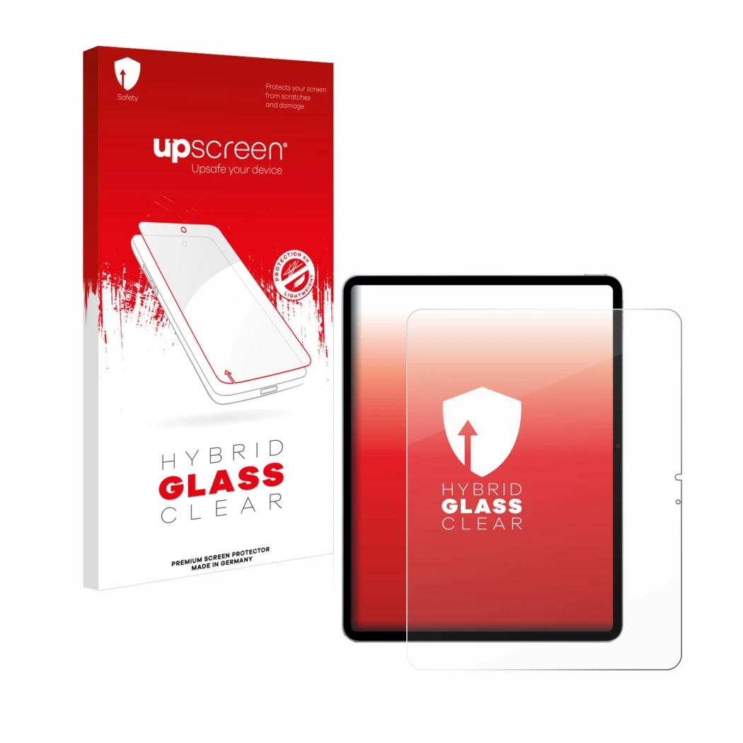 Face avant d’un emballage produit avec le logo de la marque upscreen. À côté, l’appareil Apple iPad Air 13