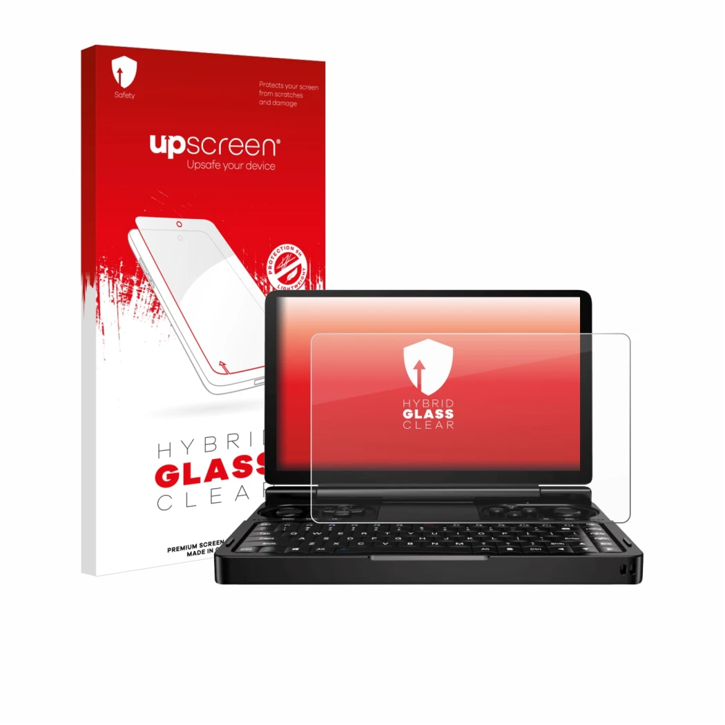 Face avant d’un emballage produit avec le logo de la marque upscreen. À côté, l’appareil GPD Win Mini (2024) est représenté av